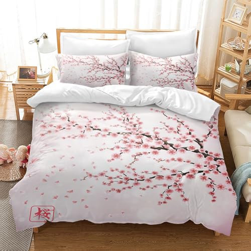 LLTTEER Parure de lit au Motif Fleurs de Cerisier 3 Pièces,Housse de Couette Japonais Romantique thème Plantes Fleurs Branches Impression avec 2 taies d'oreiller 50x75cm (Style B, 220 x 240 cm)