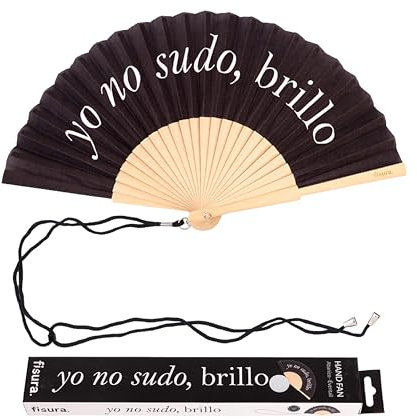 Fisura – Abanico original con mensaje “yo no subo brillo”. Abanico de madera moderno y colorido. Ventilador de mano negro. Colgador incluido. Medidas: 42,5 x 23 cm