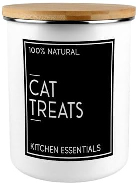 Inverted Minimalist Cat Treats Storage Canister - Stylish Black & White Kitchen/Home Large Enamel Jar With Lid Cat Lovers Gift