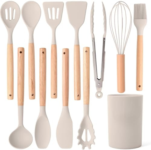 12 Pcs Silicone Kitchen Utensil Set with Wooden Handles – Heat Resistant Non Stick Cooking Tools Including Tongs, Spatulas, Spoons, with Holder for Home and Camping, Dishwasher Safe (A)