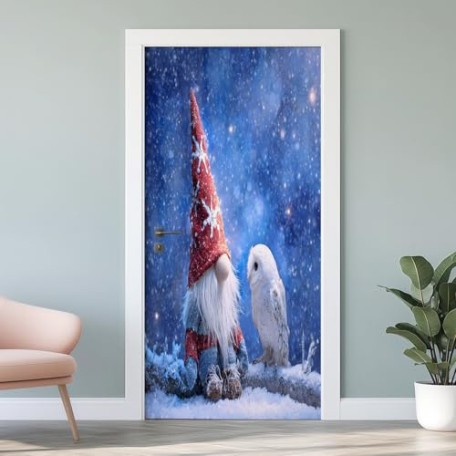 Wichtel Schneeeule Türtapete 3D Selbstklebend, Zwerge Winter Fototapete Vinyl Wasserfest, Schneeszene Wandtattoo für Schlafzimmer Wohnzimmertür Küche Bad, 90 x 200 cm H5k08