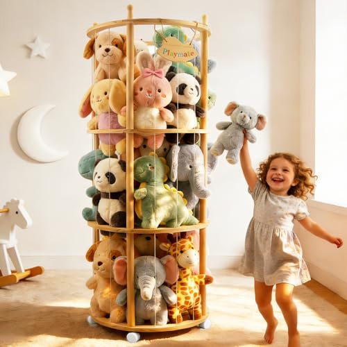 Wood Soft Toy Storage Stuffed Animal Storage Organizer 3-Storey Soft Teddy Bear storage Holder with 360° Lockable Swivel Casters Large Plush Toy Storage Zoo for Baby Kids Rooms Bedrooms Living Room