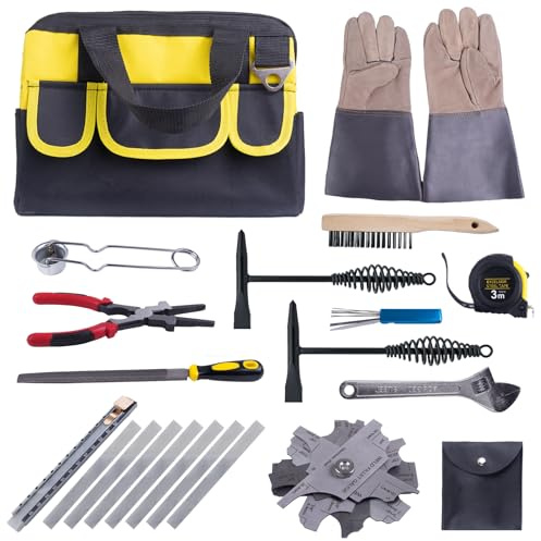 Welding Accessories Kit, 20-Piece Welding Tool Set with Storage Bag, Chipping Hammer, Leather Welding Gloves, Soapstone Holder, Wire Brush, Fillet Gauge, Pliers, Adjustable Wrench, Half-Round File