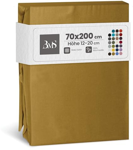 Bettwaesche-mit-Stil Spannbettlaken Mako Satin Spannlaken Spannbetttuch (70x200 cm, Matraztenhöhe 12-20 cm, Gold)