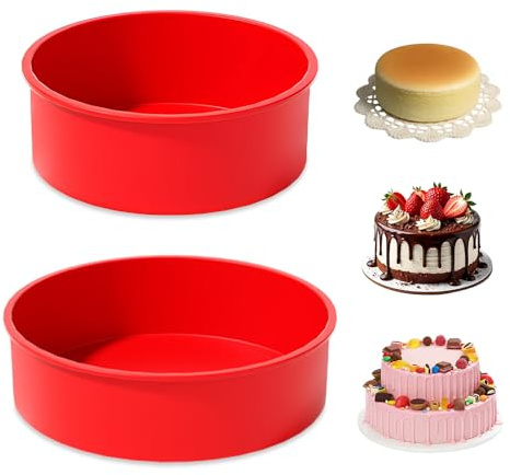 HMCEY Lot de 2 Moule a Gateau Silicone Rond,Moule Silicone Cake,Moules Patisserie Réutilisables,Moules à Pain Antiadhésif,Moula Mousse Au Chocolat pour Cheesecake, Brownie, Cuisson Dessert(Rouge)