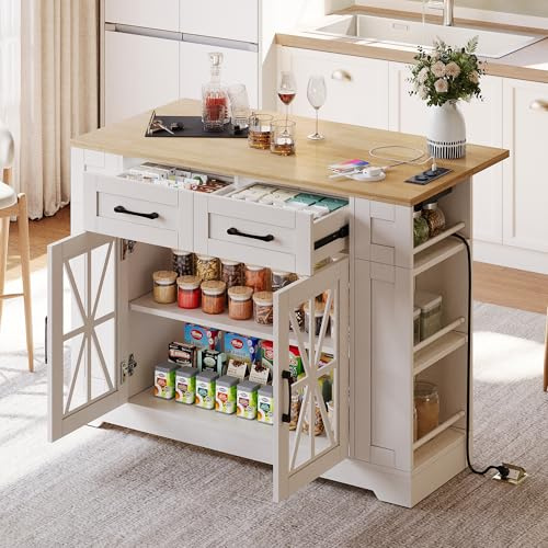 SACOOL Isla de cocina portátil de 120 cm con mesa de comedor plegable, estante abierto, puerto AC y USB, puerta de cristal, laminado ajustable, ruedas con frenos, blanco+natural