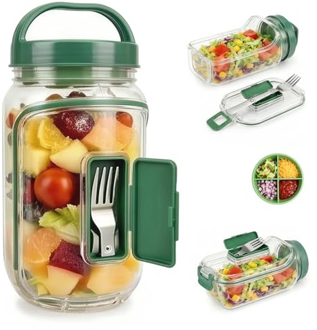 Salat To Go Box – 1100ml Große Lunchbox, Ausgestattet mit Einem Auslaufsicheren Gewürzbehälter mit 4 Fächern Sowie Einer Gabel, Einer Seitlichen Öffnung, Ideal Für Zuhause, Outdoor, Reisen Und Partys