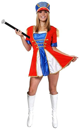 DISFRAZ DE MAJORETTE PARA MUJER - VESTIDO ROJO AZUL Y BLANCO CON DETALLES DORADOS + SOMBRERO DE MAJORETTE AZUL + BASTÓN DE MARCHANDO - DISFRAZ DE SOLDADO DE JUGUETE TRAJE DE ANIMADORA (X-PEQUEÑO)