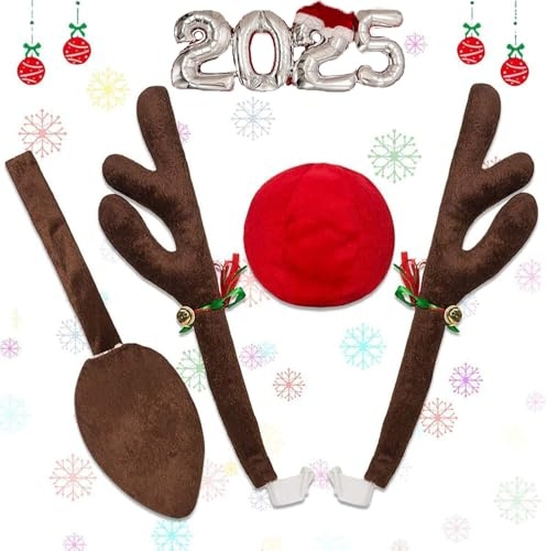 Minetom Rentier Auto Rudolf für Auto rentier kostüm weihnachtsdeko für Truck Van SUV mit Schwanz 43cm Braunes Rentier-Geweih für den Kühlergrill Ren Rote und Braunes Schwanz