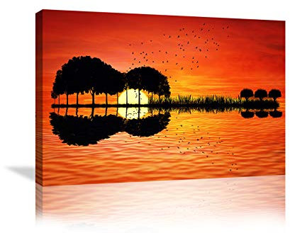 Urttiiyy Leinwandbild, Motiv: abstrakte Gitarre, Baum, Sonnenuntergang, Kunst, Wohnzimmer, Dekoration, HD-gedrucktes Kunstwerk, gerahmt, fertig zum Aufhängen (91,4 x 61,1 cm (B H), Gitarren-Kunstwerk)