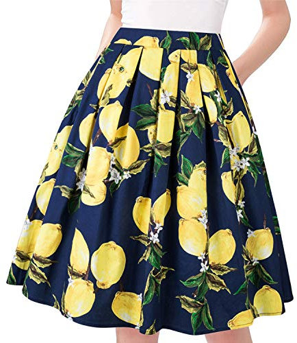 Taydey A-Linie Plissee Vintage Röcke für Frauen (L, Navy Lemon)