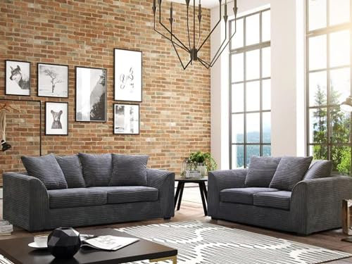 HHI Grey Jumbo Cord Corner Sofa, 3+2 Seater, Sectional Sofa Set for Living Room (Grey, L.170 cm H71cm D82cm, 5 Seater)