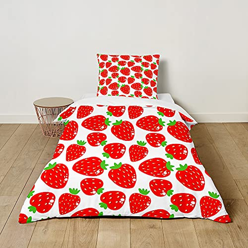 Morbuy Bettwäsche-Set für Kinder Mädchen Jungen, 3D Drucken Mikrofaser Kinderbettwäsche Babybettwäsche Weiche Bettwäsche Set mit Kissenbezüge und Bettbezug (100x135cm+40x60cm,Erdbeere)