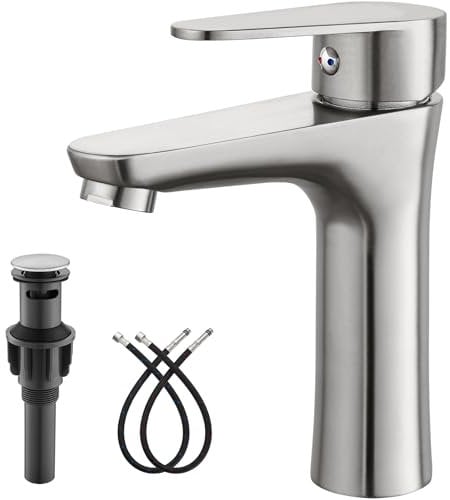Heyalan Bathroom Faucet Single Handle 1 Hole SUS304 Stainless Steel Deck Mount Lavatory Single Switch Basin Sink Faucet with Pop Up Drain and Hot and Cold Water Mixer Brushed Nickle
