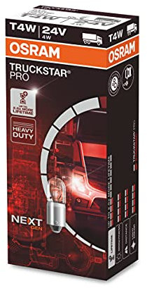 OSRAM TRUCKSTAR® PRO T4W, +120% mehr Helligkeit, Halogen-Signallampe, 3930TSP, 24V LKW Lampe, Faltschachtel (10 Lampen)