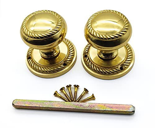 Infinity Decor Solid Brass 50mm Georgian Round Rope Design Mortice Door Knobs - Heavy Duty Sprung Pull Handles in Polished Brass