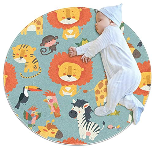 Runder Teppich Löwe Giraffe Vogel Kinder Spielmatte Spieldecke Teppich Kinderzimmer Kinderteppich rutschfest Runder Matte 70x70cm