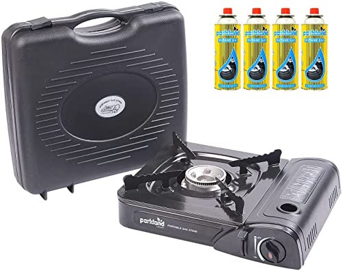 STOREX Portable Single Burner Hob Camping Gas Stove Cooker Automatic Ignition System Enamel Pan Holder Butane BBQ with 4 Refill Cans