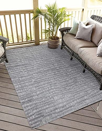 carpet city In-& Outdoor Teppich - 120x170 cm - für Innen-& Außenbereich - Wetterfest Balkon-Teppich, Terrasse, Flur, Küche - Wohnzimmer-Teppiche - Hochtief/ 3D-Effekt - Streifen-Muster in Anthrazit