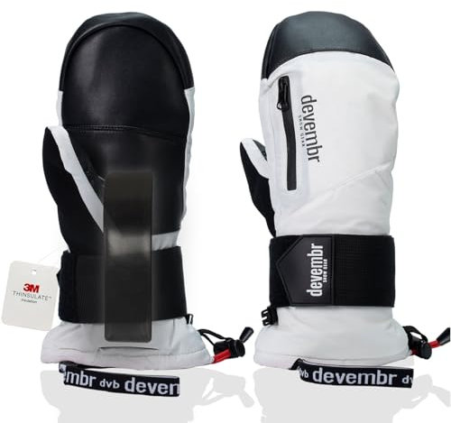 devembr Ski-Fäustlinge mit Handgelenkschützern, Warme Snowboard-Fäustlinge, Wasserdicht, Weiß, M