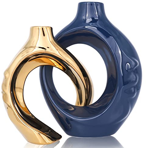 Keramikvase, marineblau, mit Löchern, 2 Stück | Runde Donut-Vase, Blau und Gold, Wohnzimmer-Dekoration für Bücherregal, Kaminsims, Eingangsbereich, Couchtisch und Esstisch