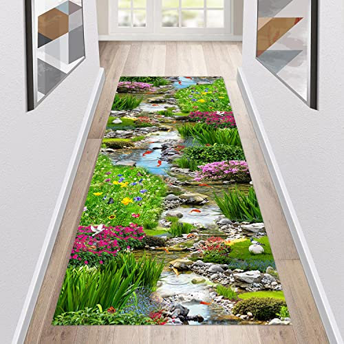 Teppich Läufer Flur rutschfest Küchenläufer Waschbar 3D Druckmuster 60X210CM Grün Korridor Teppichläufer Lang Küchenteppich Für Küche Wohnzimmer Schlafzimmer Teppichläufer Meterware Anpassbar