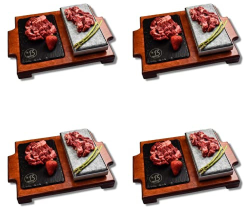 Piedra para asar carne de 10x20 cm Modelo Menú caoba con Plato de Pizarra de 13x20