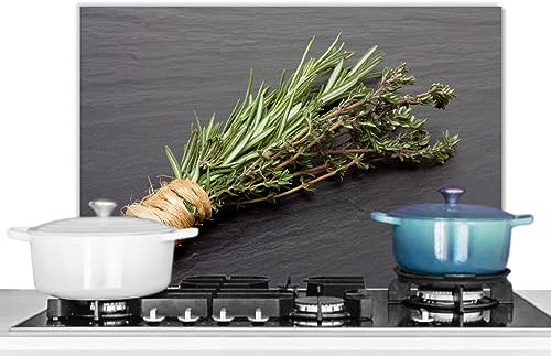 KitchenYeah© Crédence Cuisine 60x40 cm Aluminium Accessoire Déco Protège Mur Plaque Protection Anti Éclaboussure Évier Thym - Herbes - Vert - Table - Cuisine - Pierre
