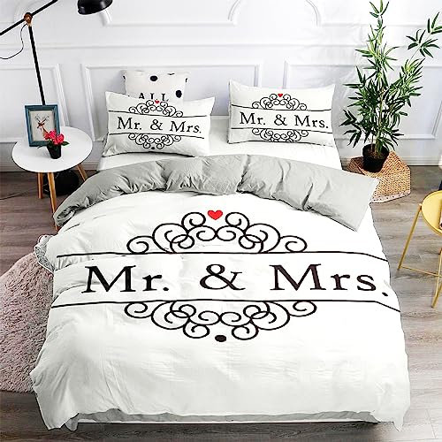 Menkala Partner Bettwäsche 200x220 3teilig Mr&Mrs Weiß Schwarz Bettbezug Schlafzimmer Pärchen Wendebettwäsche mit Reißverschluss Microfaser Love Partnerbettwäsche Set und 2 Kissenbezug 80x80