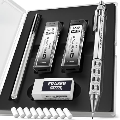 Nicpro 0,5 mm Druckbleistift Set im Etui, Blocky Gear Serie Metall Mechanische Bleistifte mit HB-Minen, Radiergummi, Bleistifte für professionelles und erwachsenes Kunstschreiben, Zeichnen
