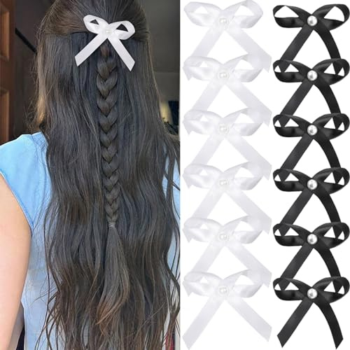 HAIMEIKANG Haarschleifen für Damen, 12 Stück, Haarschleifen-Klammern für Frauen und Mädchen, 2000er-Jahre, y2k Haarspangen, Zubehör, rutschfeste Haarnadeln mit Schleife (schwarze Perle + weiße Perle)