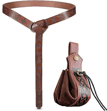 Halloween Nekromanten Anzug, 2Pcs Mittelalter Kleidung Zubehör, Mittelalter Gürtel + Wikinger Tasche Leder mit Kordelzug für Cosplay Ritter Wikinger Kostüm Zubehör