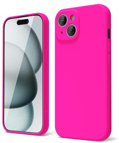 oakxco for iPhone 15 Phone Case Liquid Silicone, Neon Bright Solid Color, Thin Slim Soft Rubber Gel Matte TPU Plain Simple Cover for Women Girl Cute, Hot Pink Fuchsia
