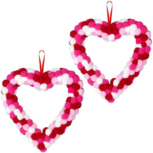 ANVAVO 2 Pieces Valentine's Day Heart Felt Pom Pom Wreath 13 Inch Felt Ball Wreath Valentine Door Hanger Pink Heart Felt Ball Garland for Wedding Engagement Anniversary Home Indoor Outdoor Decoration