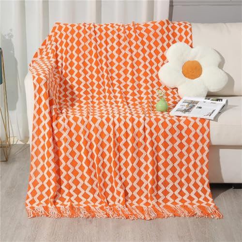 Highdi Couverture Polaire Plaid avec Pompon, Jeté de Canapé Douillette Confortable Couverture de Lit 2 Personnes Couverture d'hiver pour Chaude et Douce (130 * 180CM,Orange)