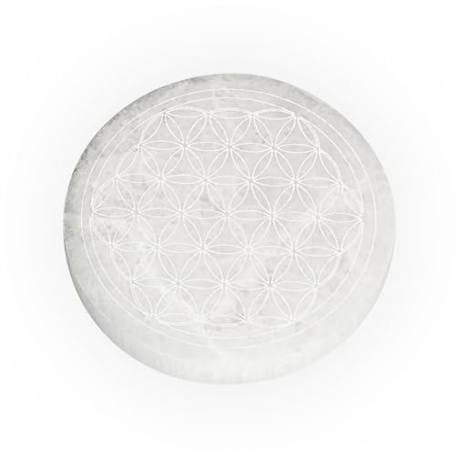 NKlaus Disque Fleur de Vie en Sélénite Plaque de Sélénite 12 cm Pierre de Rechargement Gravée Fleur de Vie, Énergétisante Idéale pour Reiki, Méditation et Décoration