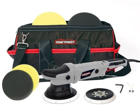 Dino KRAFTPAKET 21mm-720W Exzenter Poliermaschine für Auto Boot KFZ im Set | Stufenlose Einstellung | mit Stützteller Polierpads und Tasche, 125mm+150mm