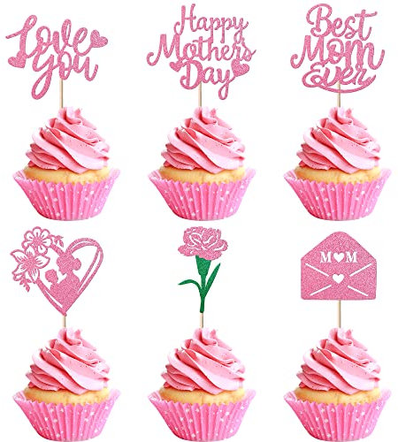 SYKYCTCY 24 Pack Happy Mother's Day Cupcake Toppers Glitter Rose Mailbox Best Mom Ever Cupcake Picks for Mother's Day Party Love You Mom Cake Decorations Pink