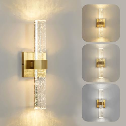 YOOCHUENG Wandleuchte Innen Kristall Gold Wandlampe Modern mit Warm/Weiß/Neutral Dreifarbiger Wandbeleuchtung für Wohnzimmer Schlafzimmer Badezimmer Flur,Gold