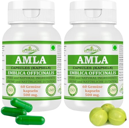 Amla (Emblica Officinalis) Kapseln für Männer und Frauen | Ayurvedisches Kräuterergänzungsmittel | 500 mg pro Portion | 60 vegetarische Kapseln | Hergestellt aus natürlicher Amla-Frucht (2 Flasche)