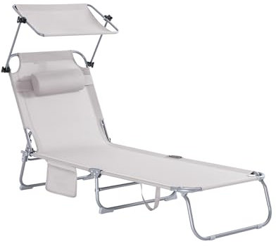 SoBuy Sonnenliege klappbar Gartenliege Liegestuhl klappbar mit Sonnendach & Kopfkissen & Seitentasche Strandliege Balkon Relaxliege 155x56x81cm für Gartenmöbel Terrasse Camping Beige OGS48-MI