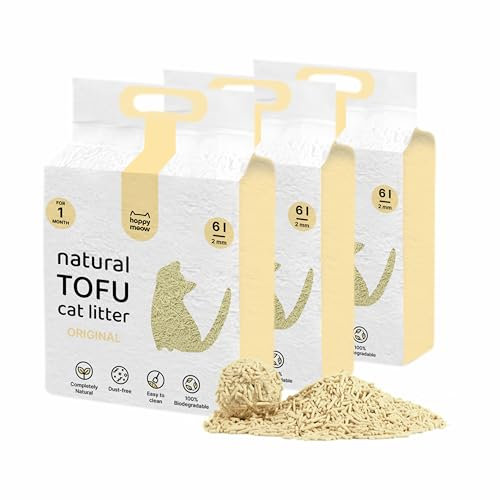 HAPPY MEOW Arena de Tofu para Gatos (18L/7,5Kg) - Natural y Biodegradable - Aglomerante Instantáneo, Bajo en Polvo, Control de Olores Duradero, Ultra Absorbente, Desechable en el Inodoro (Vainilla)
