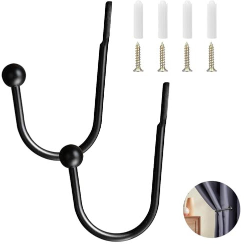 Littlegaofeithing 1Paire Embrasses à Rideaux Crochets,Embrasse pour Rideaux en Métal avec 4pcs Vis,Attache Rideau en Forme de U pour Voilage, Salon, Chambre, Bureau, Prolongé (Noir)
