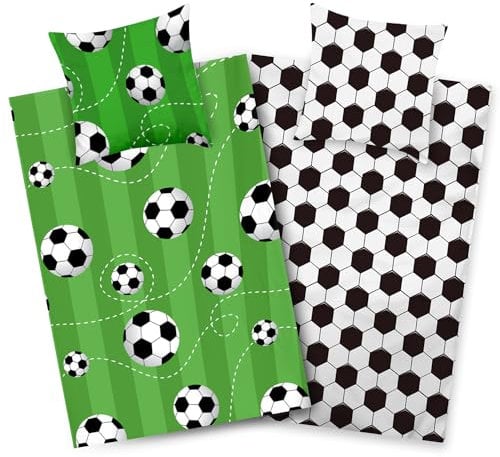 Aminata kids - Fußball Bettwäsche 135x200 Jungen - Fussball-Fan-Motiv Baumwolle - mit Reißverschluss - Wende Teenager-Kinder-Bettwäsche-Set in grün weiß