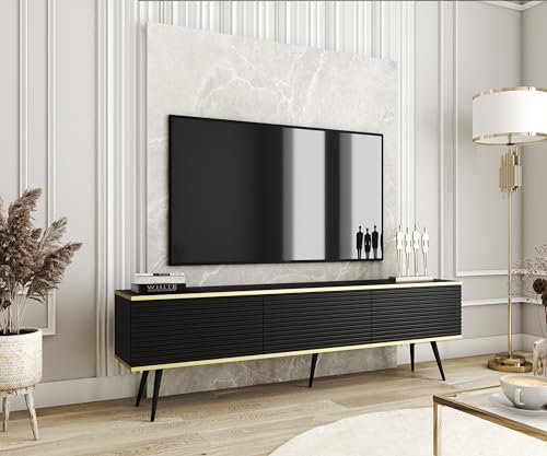 3E 3xE living.com TV- Schrank mit Lamellen in Schwarzer Farbe mit Schwarzen Beinen, D: L: 175 cm, H: 53 cm, T: 32 cm