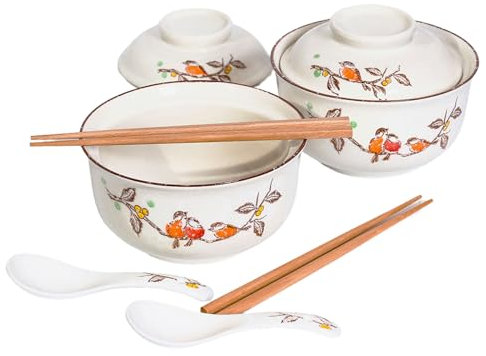 Ensemble de bols Ramen en céramique 800 ml avec couvercle, cuillère et baguettes, grands bols à soupe japonais vintage bol de nouilles instantanées vaisselle asiatique (Oiseau*2)