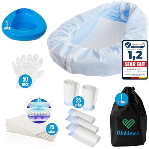 Wohlmed Bassin de lit extra confortable pour femmes et hommes, comprend 50 paires de gants, 25 inserts absorbants, 25 sacs jetables et un sac de protection discret – Bords arrondis, anti-odeur et