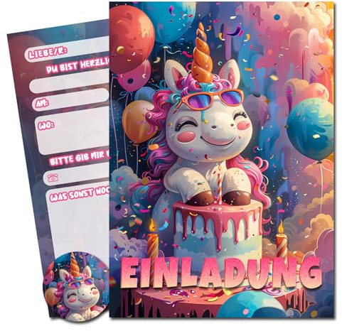 Vielucks® 15 x Filmgenre Einladungskarten - DIN A6 - Original - mit Aufkleber,Einladungskarten Kindergeburtstag Mädchen Junge,Geburtstagseinladungen,Party deko,Einladung Einschulung (Einhorn)