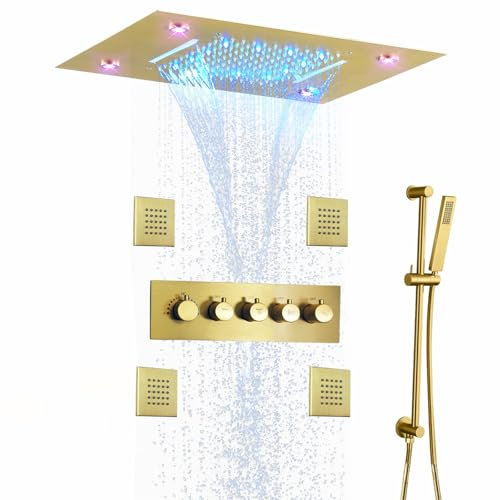 Thermostatic Shower Jets System, 50X36CM LED Shower Head 5 Function (Waterfall, Rain, Mixer, Body Jets), Ceiling Mount Rain Shower Faucet Set, Remote Control 64 Color Lights