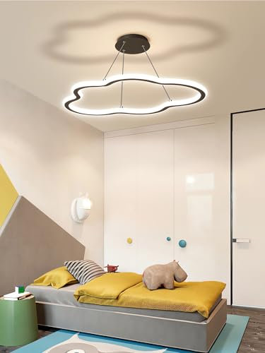 QYSMGS LED Hängelampe für Kinderzimmer Modern Dimmbare Pendelleuchten Höhenverstellbar Hängeleuchten mit Fernbedienung Kreative Wolkenform Hängelampen für Schlafzimmer Arbeitszimmer (Schwarz, 57cm)